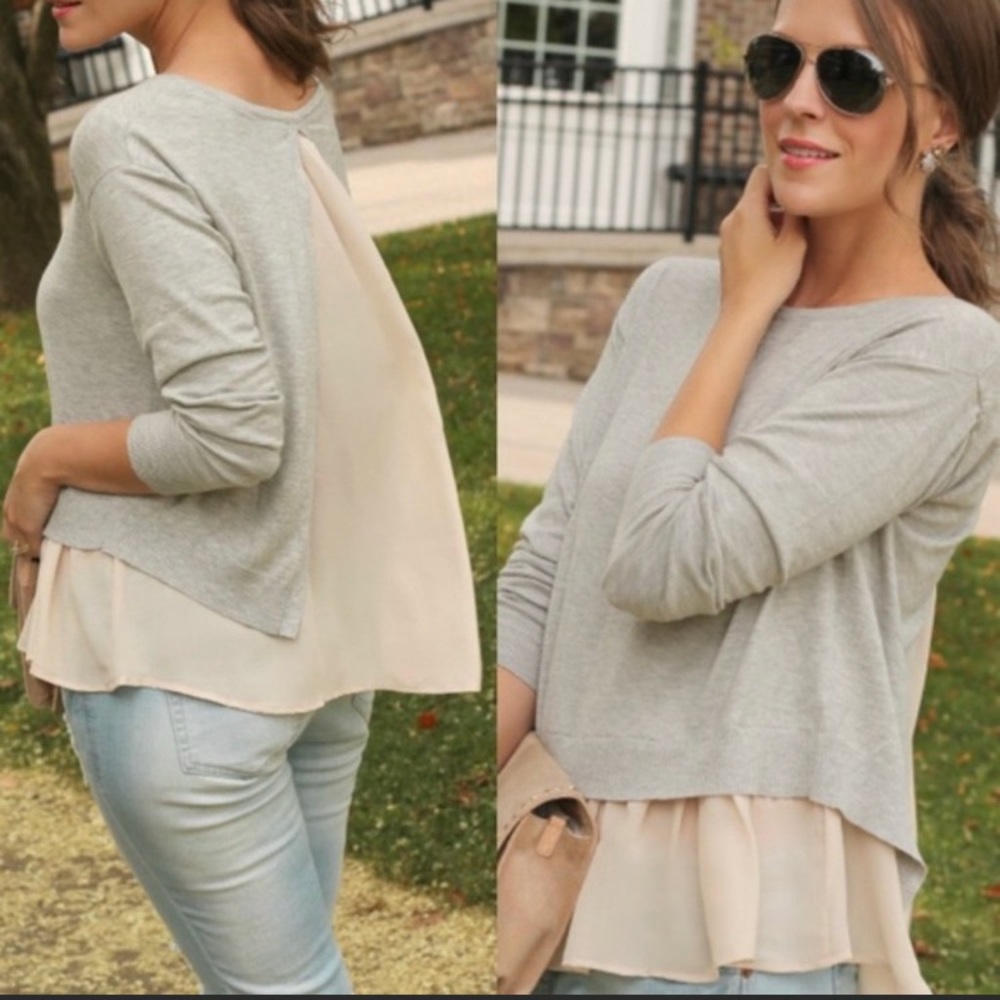 Maison Jules Grey Layered Open Back Pink Chiffon Oversized Sweater Sz M